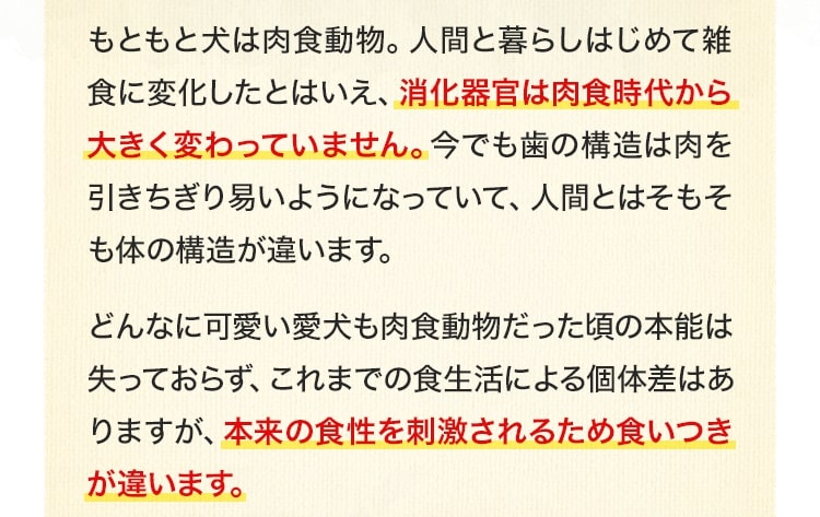 もともと犬は肉食動物。人間と暮らしはじめて雑食に変化したとはいえ、消化器官は肉食時代から大きく変わっていません。今でも歯の構造は肉を引きちぎり易いようになっていて、人間とはそもそも体の構造が違います。どんなに可愛い愛犬も肉食動物だった頃の本能は失っておらず、これまでの食生活による個体差はありますが、本来の食性を刺激されるため食いつきが違います。
