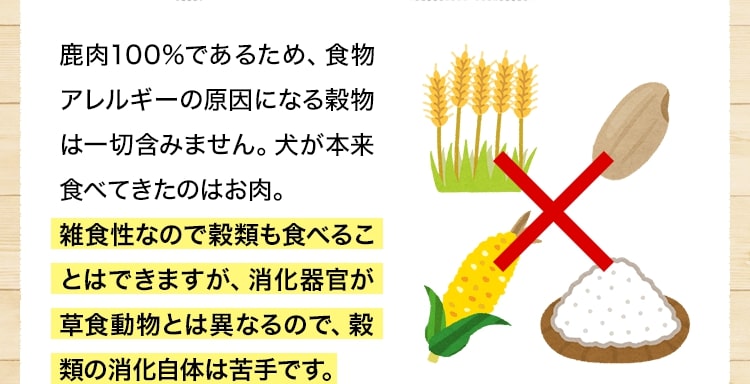 鹿肉100%であるため、食物アレルギーの原因になる穀物は一切含みません。犬が本来食べてきたのはお肉。
雑食性なので穀類も食べることはできますが、消化器官が草食動物とは異なるので、穀類の消化自体は苦手です。